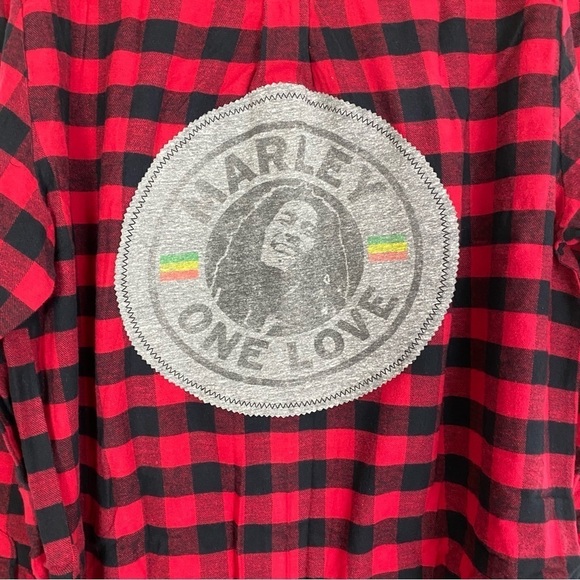 Bob Marley One Love Flannel Shirt Mens XL Shacket Buffalo Plaid Red Black Unisex - Picture 6 of 13